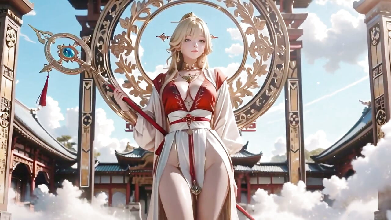 Celestial Goddess Descends! Red & White Hanfu, Golden Hair, Barefoot on the Cloud Array.