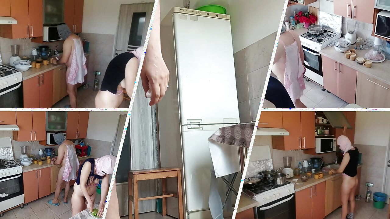 Amateur couple having fun in the kitchen. A sexy hairy brunette does the housework naked.