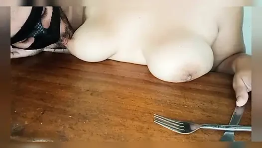 My husband is addicted to sucking my big natural tits, that's why he always eats my nipples anywhere
