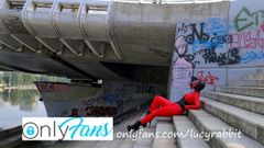 video from photoshoot - red latex catsuit with gas mask