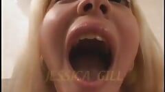 Young blonde opens her mouth wide to get cumload finale