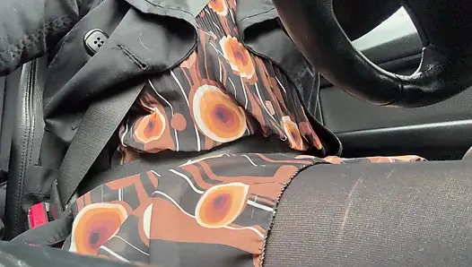 Elegant stepmom drives to the office wearing tights and a beautiful dress
