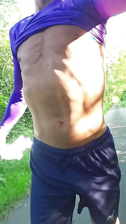 Skinny boy is Jogging in tight Leggings in public. Risky full naked, Only wearing my cockring.