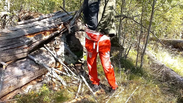 Jerking off a big dick. Walked through the woods.