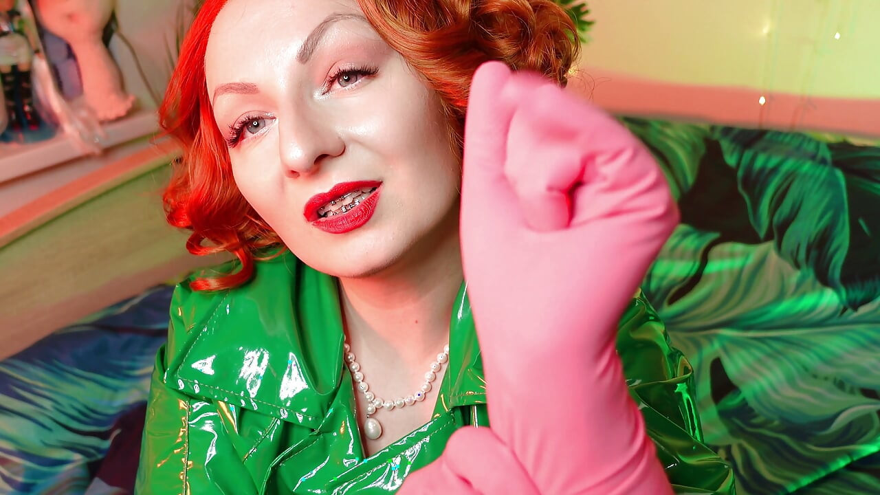 Pretty pin up model Arya and pink latex household gloves