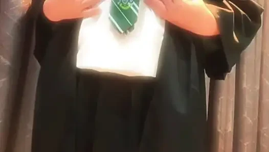 Cute Slytherin's femboy in white panties playing with her wand