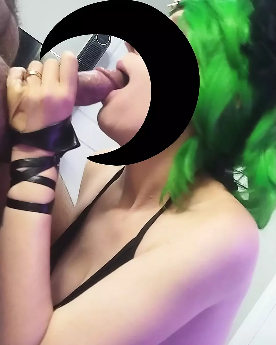 The best blowjob ever from green hair punk girl wearing devil horns & fishnets.