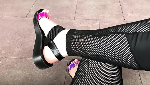 My new shiny sandals and toes tease outdoor