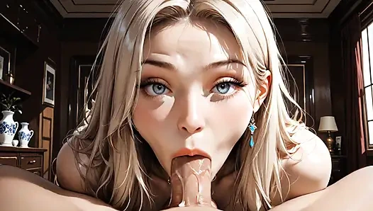 Blonde Colombian Blue Eyes Kneeling Sucking Thick Cock Of Her Boyfriend With Desire, Blowjob Deep Full Throat, Saliva Cumming