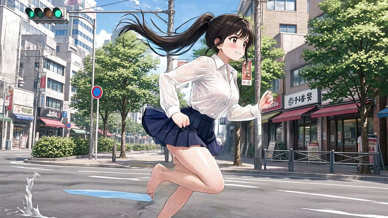 Running down a bustling street, exposing her huge breasts beneath her clothes