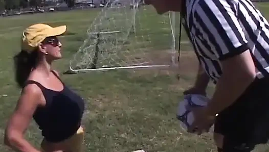 Big tit cougar fucks the referee