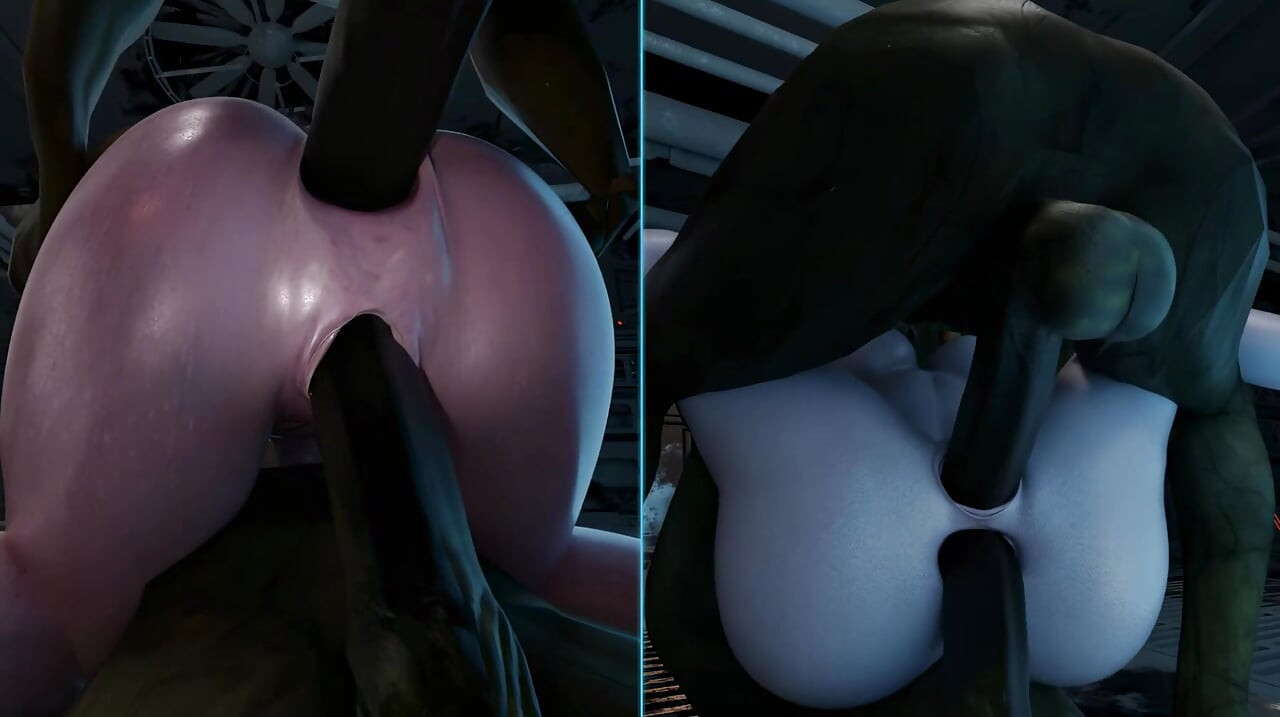 Lara i Tifa puše kurac ogre dok ih jebu u pičku i guzu u isto vrijeme. Čudovišna zabava 3D hentai igra