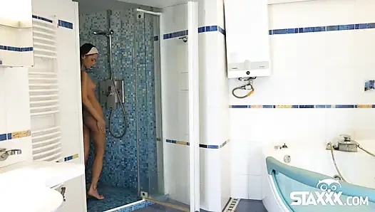 Brunette teenager gets anal after a shower