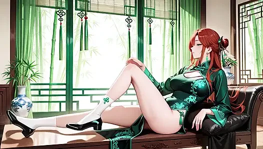 Rote haare &emerald qipao! Faule Verführung im östlichen Hof.
