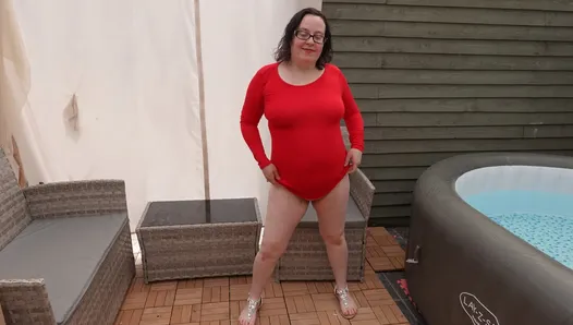 sexy mom showing off in red dress and sandals