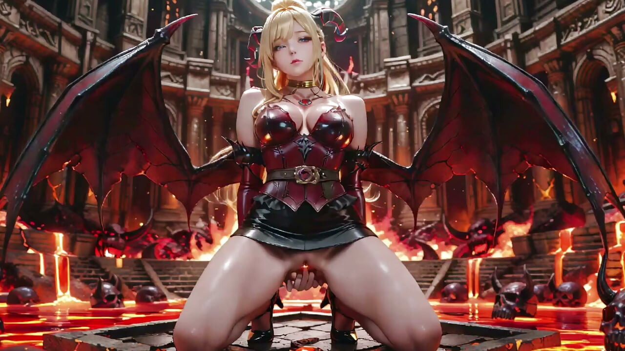 Lava Throne! Blonde Demon Queen Kneels & Spreads Her Wings, Lazy Tease with a Glass.