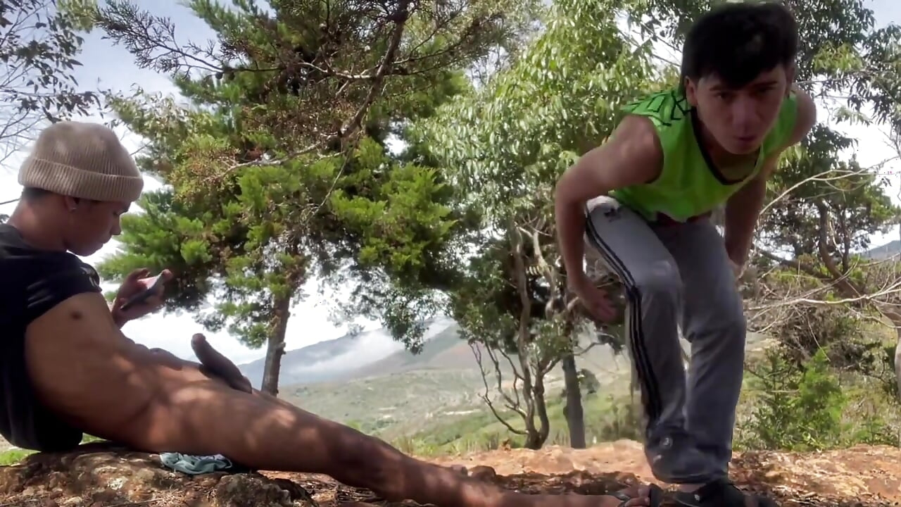 Two Hot Latino Boys Cum Outdoors on a Mountain