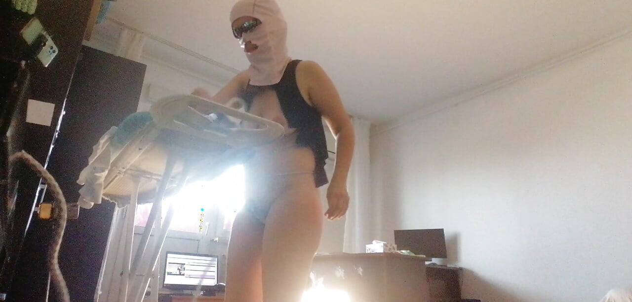Sexy wife doing housework naked. Brunette, hairy pussy, big ass, big tits. Sexy mom massages herself with a vibrator.