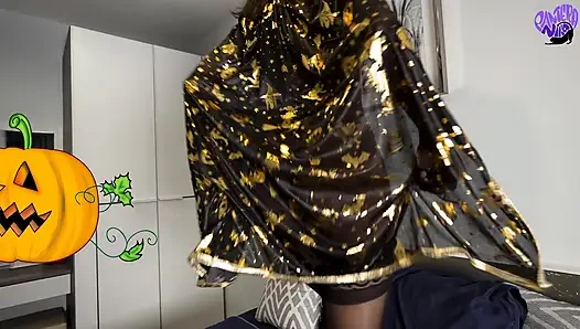 Cute horny witch in black stockings sucks and fucks for Halloween - Pantera Nika