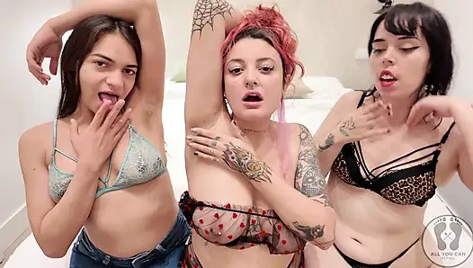 3 девушки, фетишное поклонение подмышкам, нюханье, лизание и щекотка