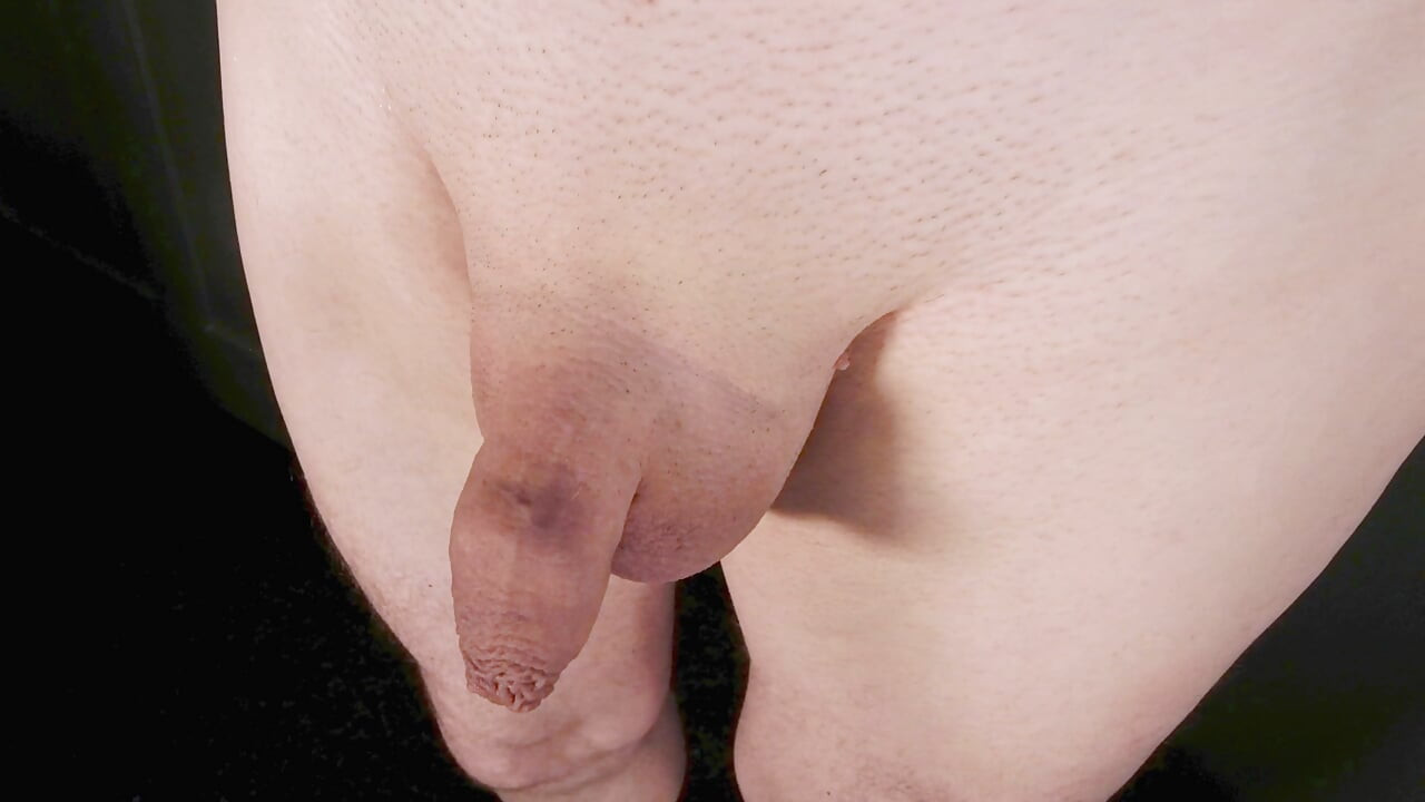 Close up shaved small flaccid penis he pulls back his foreskin to expose and play with his bell-end as his cock gets erect