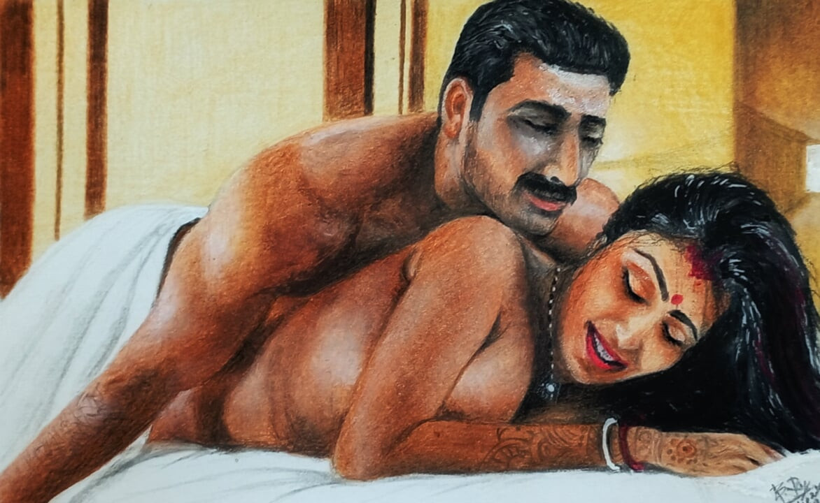 Art érotique ou dessin d'une Indienne bengalie sexy qui baise « première nuit » avec son mari