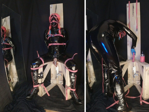 Strapped to Fucking Machine Chair in PVC Catsuit Gagged in Chastity