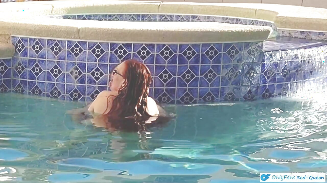 Hot Long Haired Ginger MILF Taking a Dip and Fucking in Outdoor Pool
