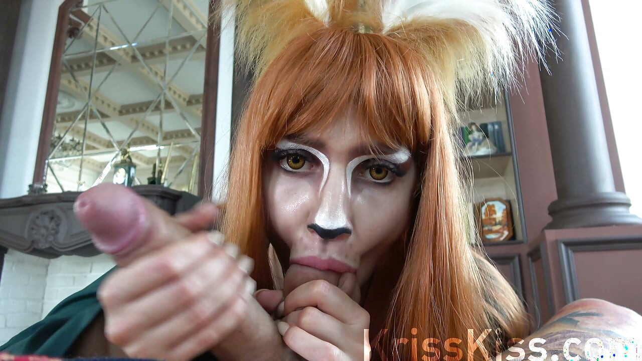 Cosplay horny fox sucking huge cock, cum in mouth, 4K