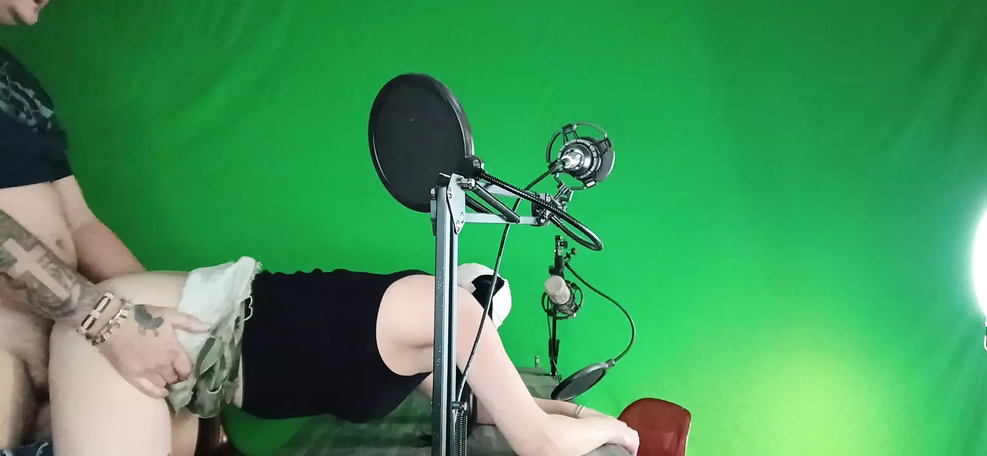 Me and my steps sit in front of the green  screen