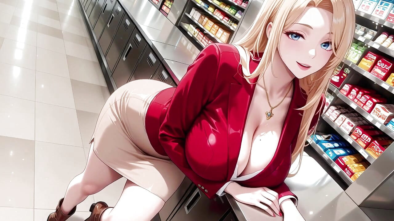Blondă costum roșu; De la plimbare la supermarket până la orgasm leneș, ea chiar își pune picioarele pe birou?