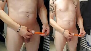 inserting curved hand razor handle into his cock before shower