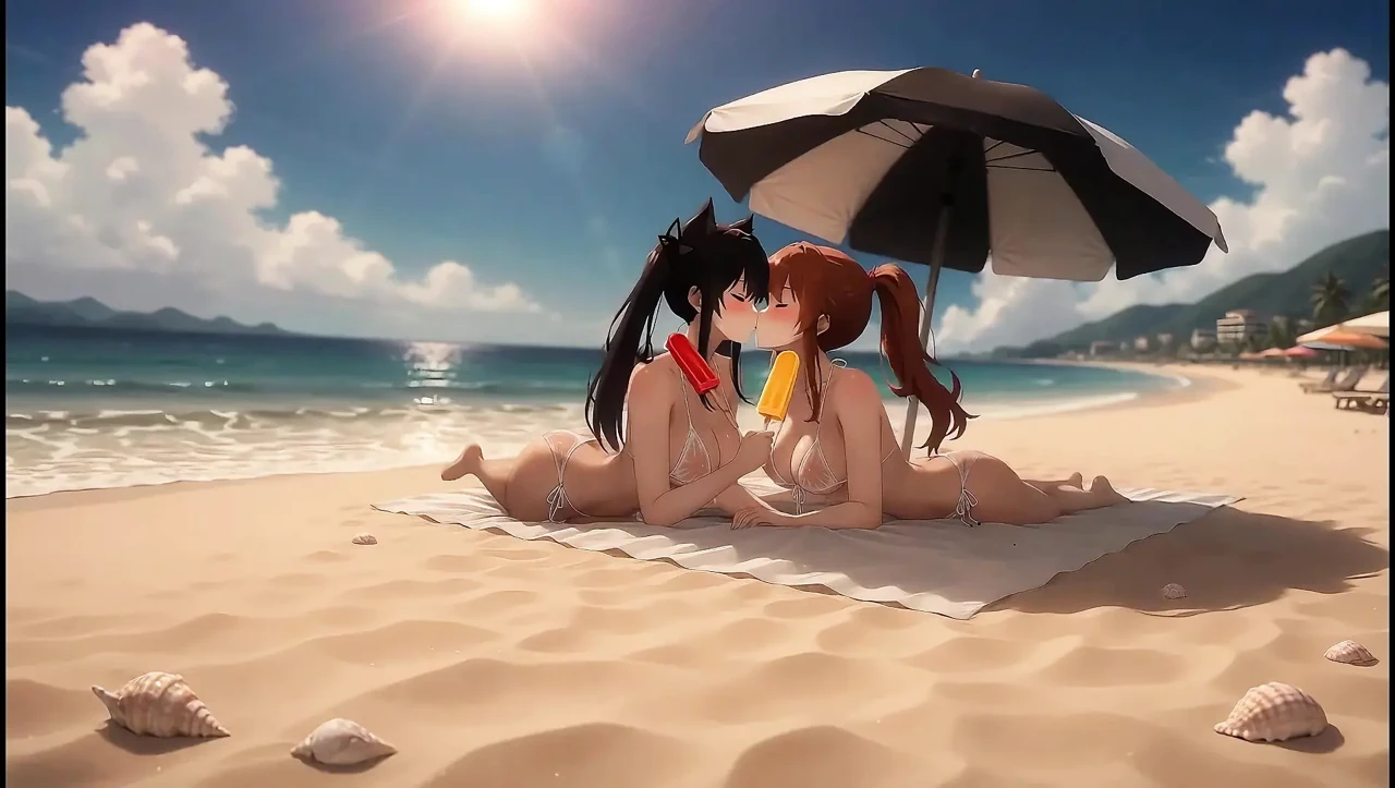 AI Gothic Beauty Meets Redhead Beauty – Beach Crossover (Eating Ice Pops)