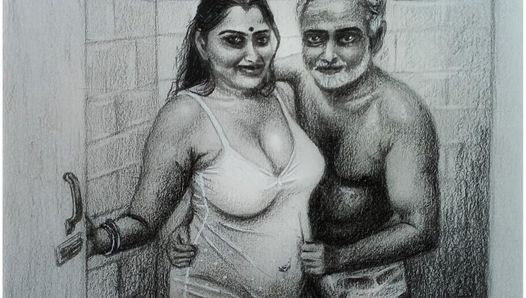 Seni erotik atau lukisan wanita desi India seksi di dalam bilik air dengan bapa mertua