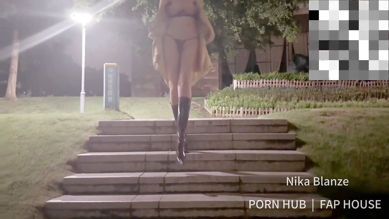 Sexy Long-legged High Heels in Boots, a Beauty at Her Extreme Outdoor Exposure, Task, Restroom Sex