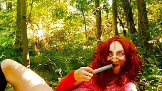 Hot horny demon bitch aving fun alone in the forest