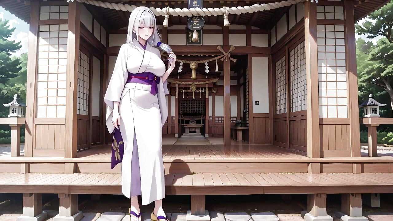 Rahasia Kuil Miko berambut perak! Kimono putih setengah tanpa kancing, pose berlutut dan kontak mata yang intens.
