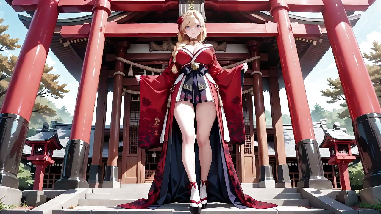 Red & Black Miko! Forbidden Shrine Prayer, High-Slit Hakama Exposure, Golden Goddess's Wet Gaze!