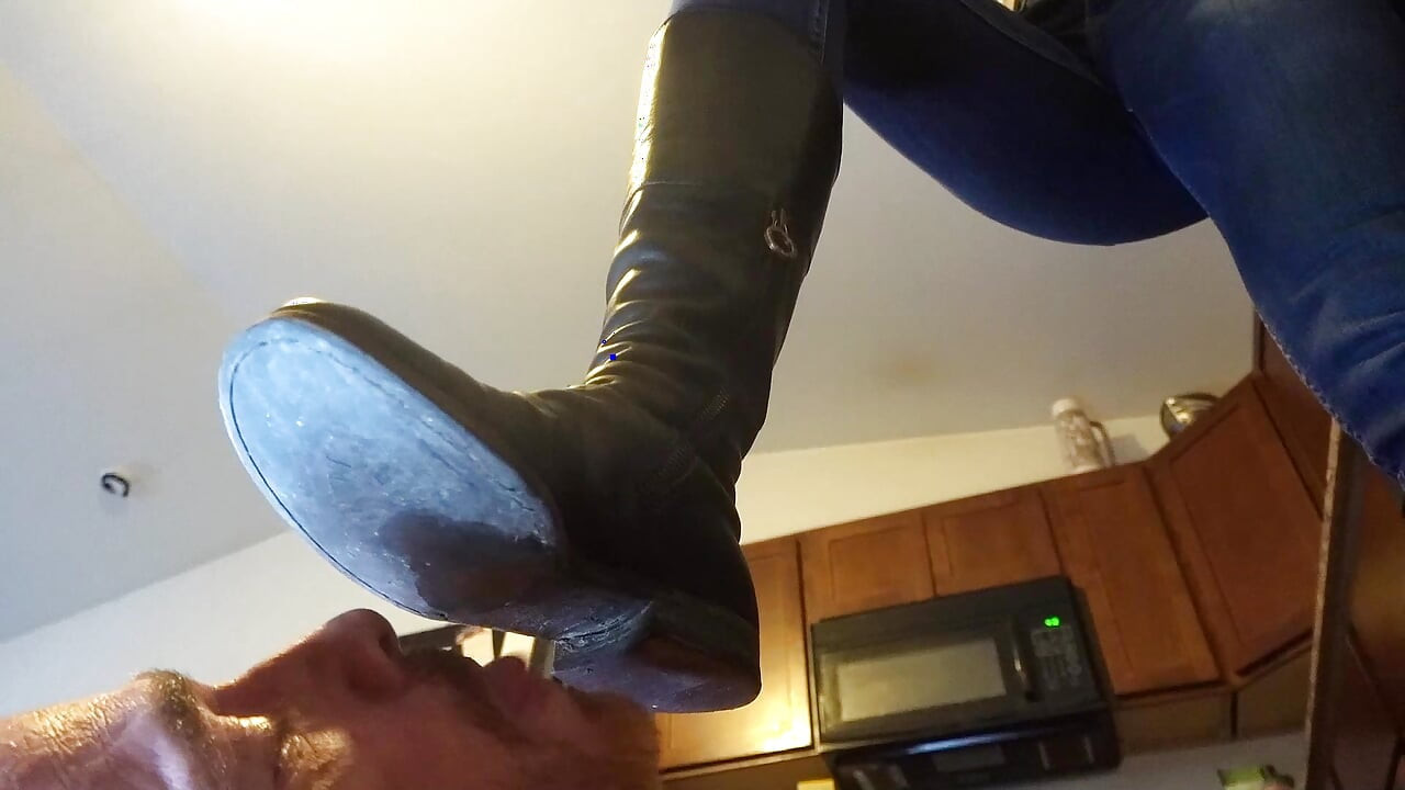 Human Doormat Licks the Nasty Soles of My Riding Boots!