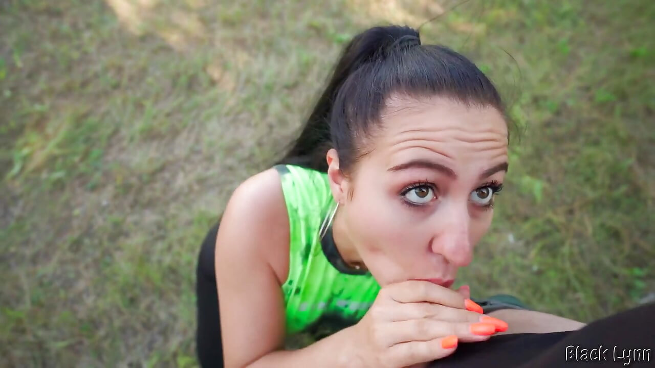POV Ponytail Brunette in Sportswear Sucks Cock and Takes Facial Outdoors