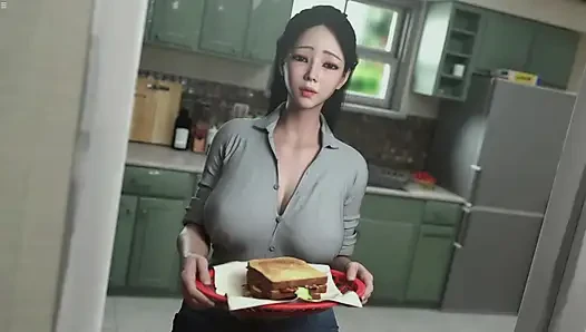 Ibu tiri Jepang pamer belahan dada saat dia lagi masak di dapur