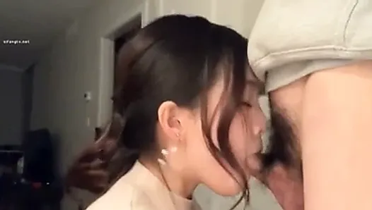 Cute asian gives blowjob and loves doggy