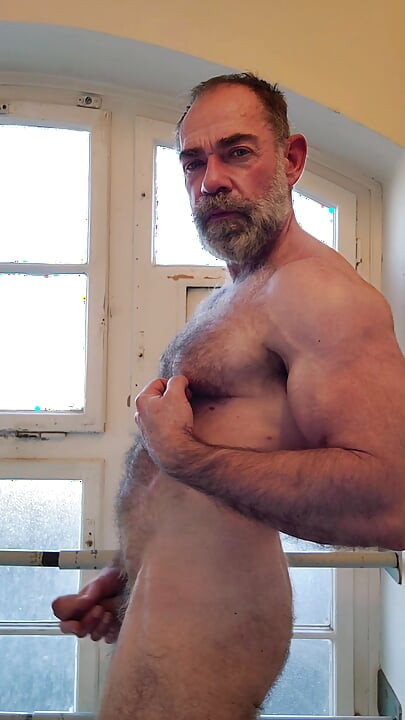 Hairy Muscle Daddy Strokes Uncut Cock