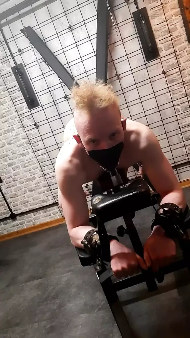 Gay chastity slave tied up and given a head shave