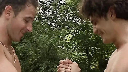 Two hot German sluts enjoying outdoors anal threesome