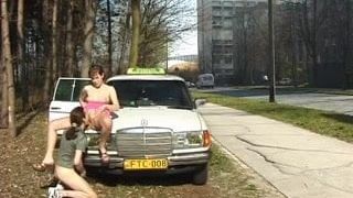 Teen gets cum next to Taxi car