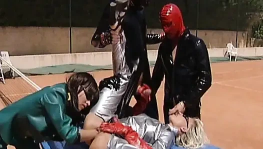 Fisting anal foursome on the tennis court with stunning German dolls