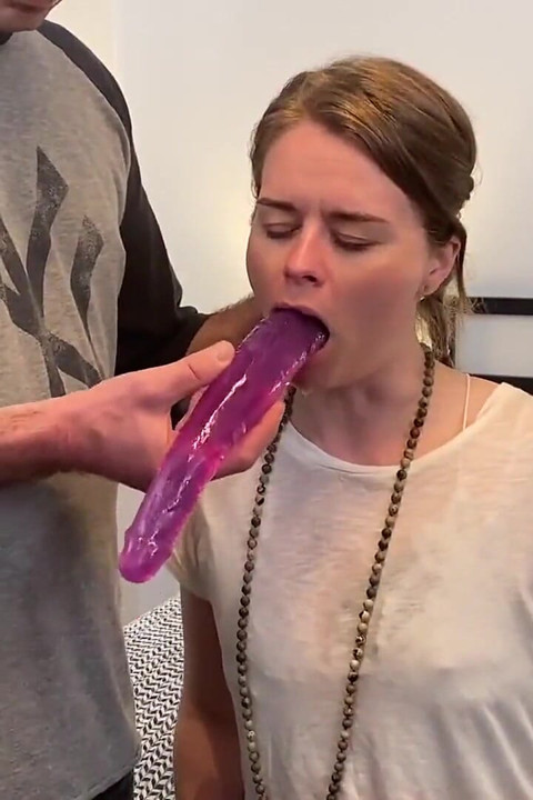 Amateur Blonde Wife Takes a Delicious Huge Dildo Deep in Her Mouth