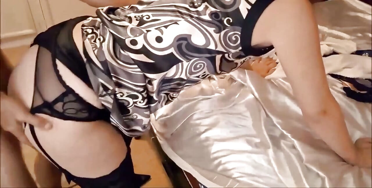 1526 - White Slut, Thong, Garter-belt, Satin Dress, Heels, Blowjob, POV, Doggy Style