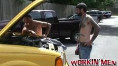 Hairy studs fix a car and end up rawfucking deep and hard